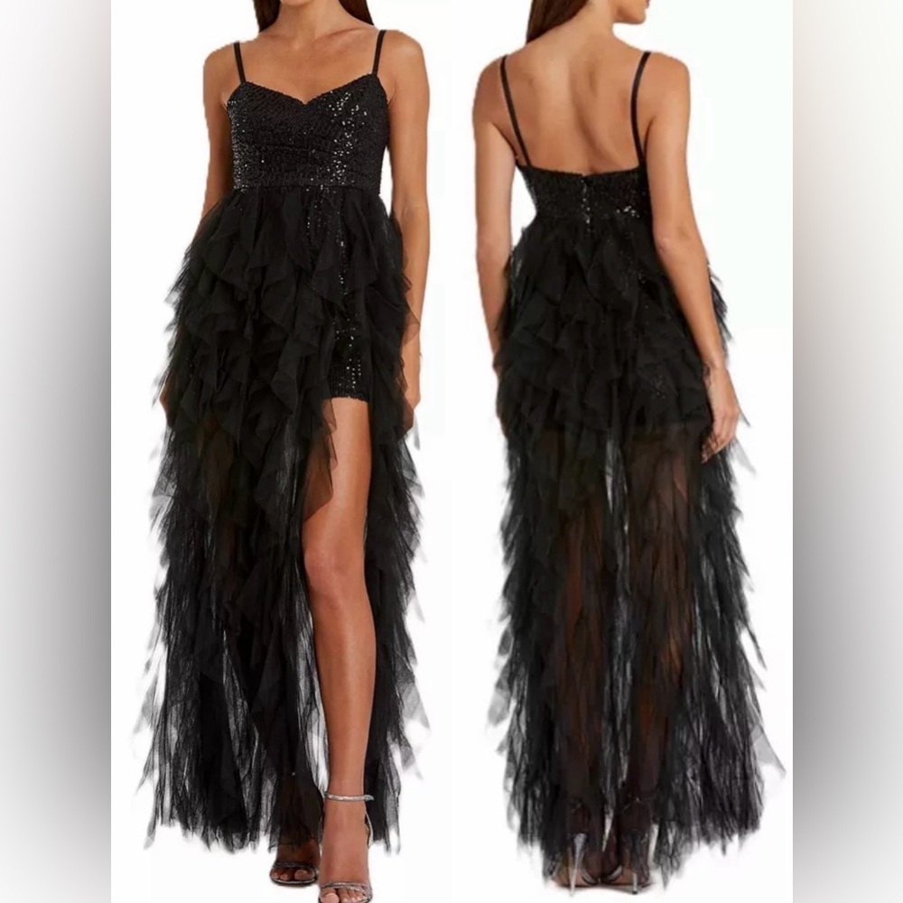 Mac Duggal Black High-Low Tulle Ruffle Sequin Evening Gown